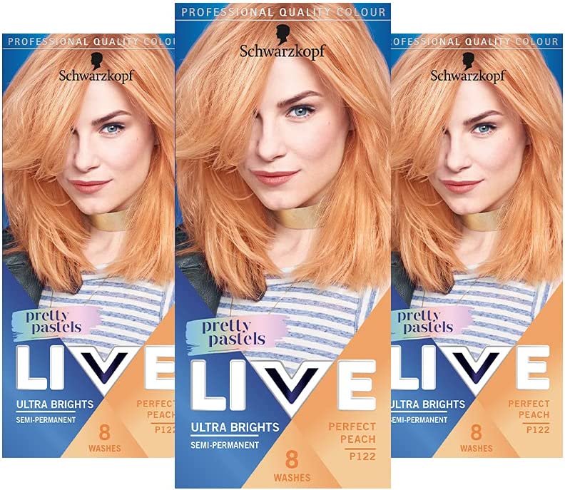 12x Schwarzkopf Pretty Pastel LIVE Hair Color, Ultra Bright, Semi-Permanent, Long lasting, P122 Perfect Peach (Pack Of 3)